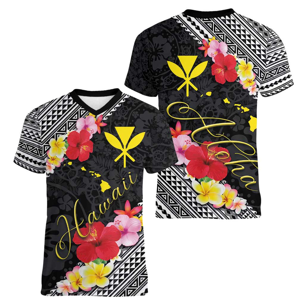 Aloha Hawaii Hibiscus and Plumeria Flowers Women V-Neck T-Shirt Kanaka Maoli Tattoo Polynesian Pattern