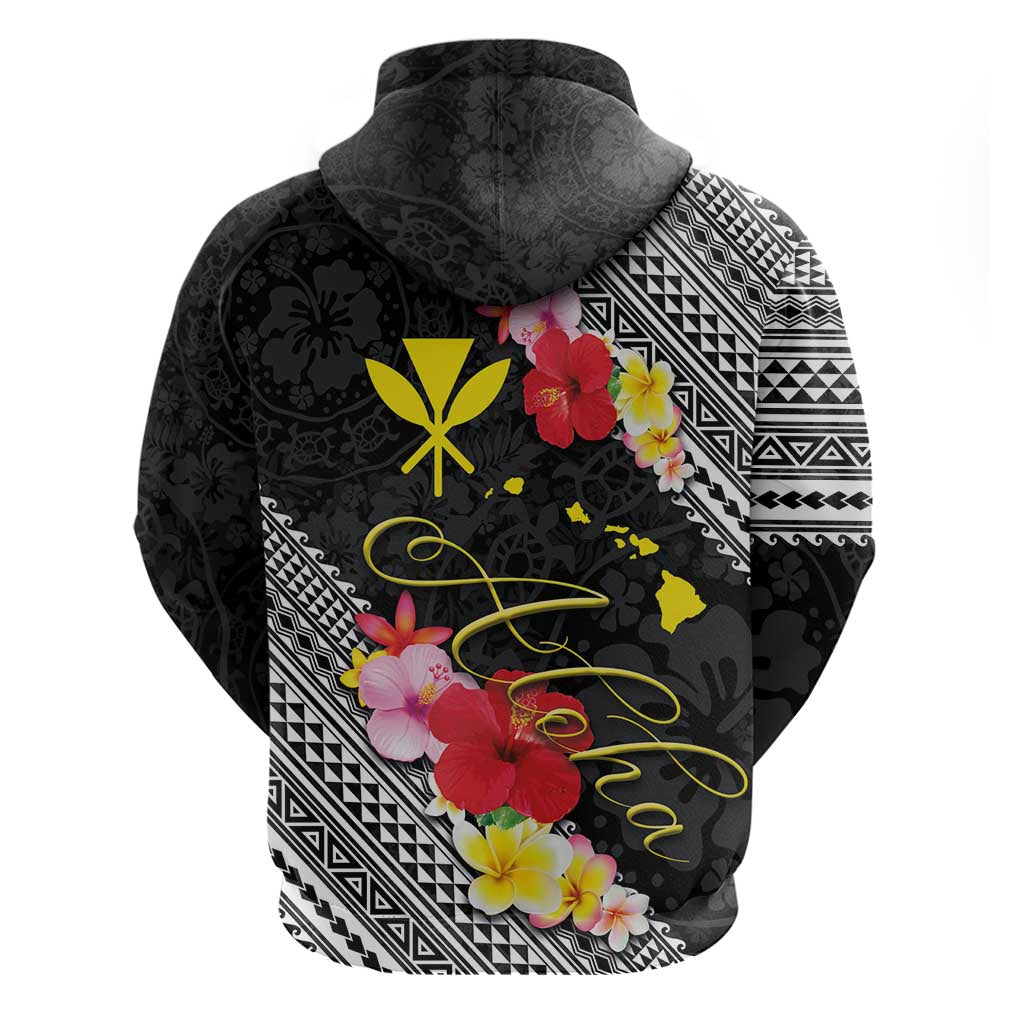 Aloha Hawaii Hibiscus and Plumeria Flowers Zip Hoodie Kanaka Maoli Tattoo Polynesian Pattern