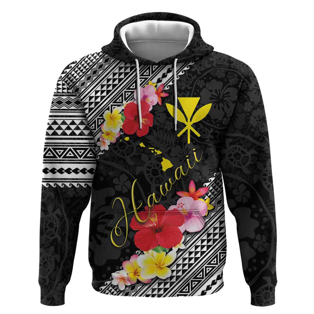 Aloha Hawaii Hibiscus and Plumeria Flowers Zip Hoodie Kanaka Maoli Tattoo Polynesian Pattern
