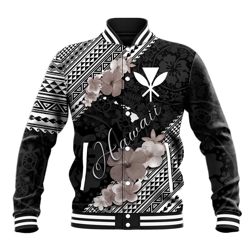 Aloha Hawaii Hibiscus and Plumeria Flowers Baseball Jacket Kanaka Maoli Tattoo Polynesian Pattern Gray Color