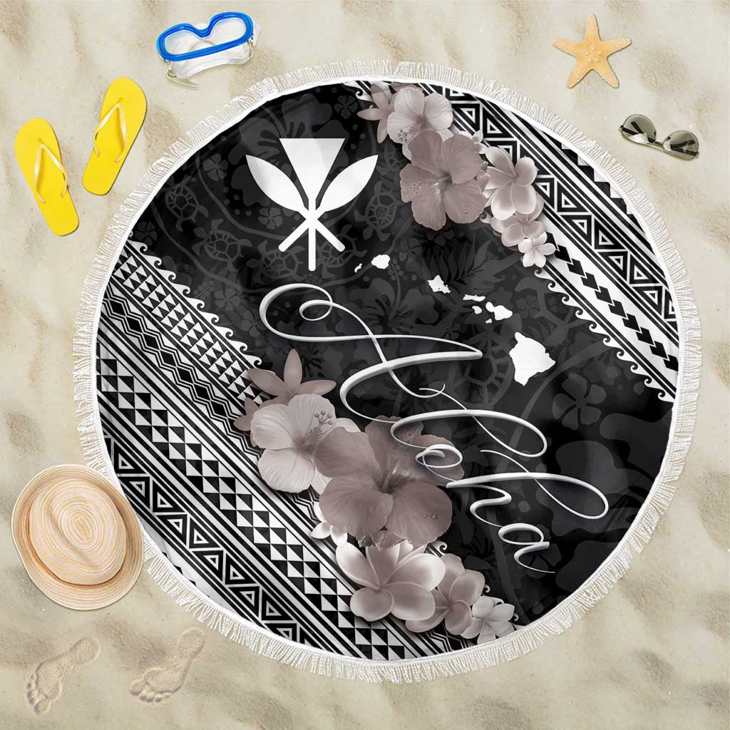 Aloha Hawaii Hibiscus and Plumeria Flowers Beach Blanket Kanaka Maoli Tattoo Polynesian Pattern Gray Color LT03 One Size 150cm Black - Polynesian Pride
