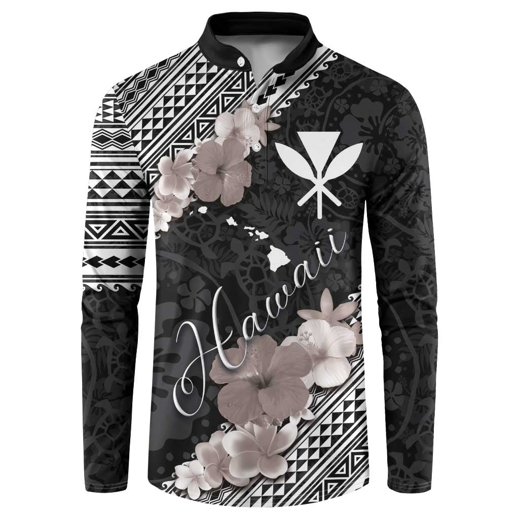 Aloha Hawaii Hibiscus and Plumeria Flowers Button Sweatshirt Kanaka Maoli Tattoo Polynesian Pattern Gray Color LT03 Black - Polynesian Pride