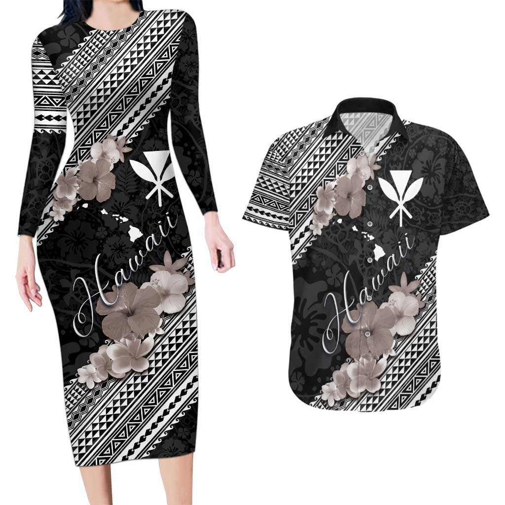 Aloha Hawaii Hibiscus and Plumeria Flowers Couples Matching Long Sleeve Bodycon Dress and Hawaiian Shirt Kanaka Maoli Tattoo Polynesian Pattern Gray Color LT03 Black - Polynesian Pride