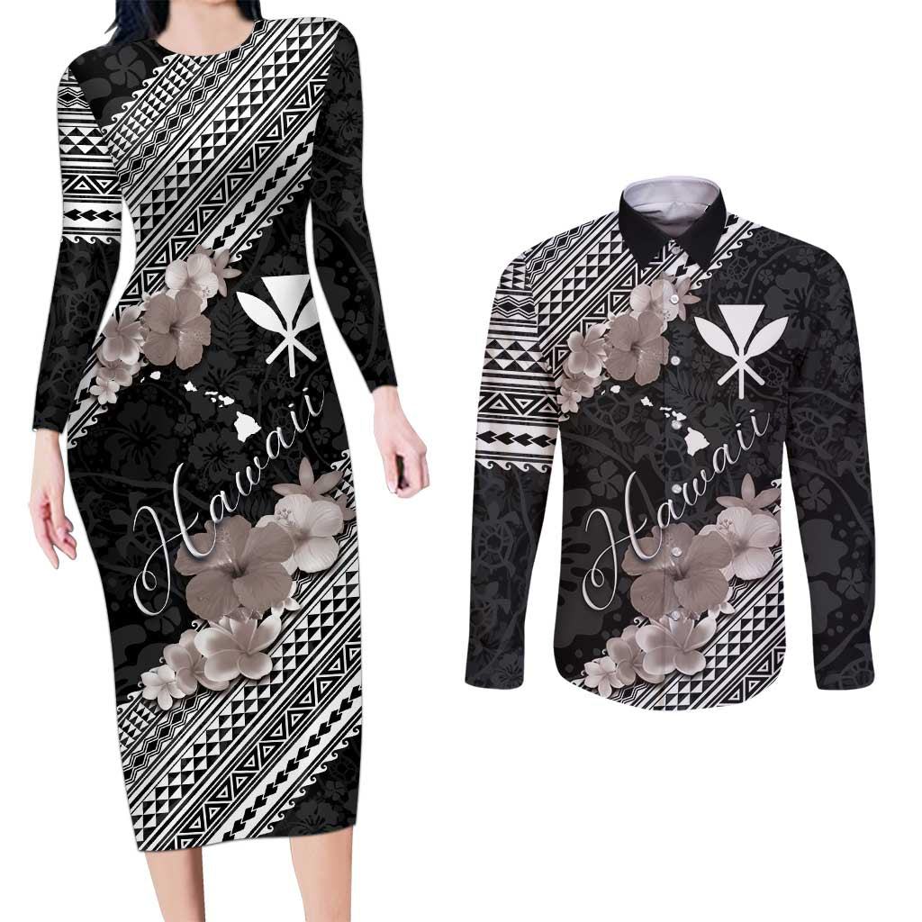 Aloha Hawaii Hibiscus and Plumeria Flowers Couples Matching Long Sleeve Bodycon Dress and Long Sleeve Button Shirt Kanaka Maoli Tattoo Polynesian Pattern Gray Color