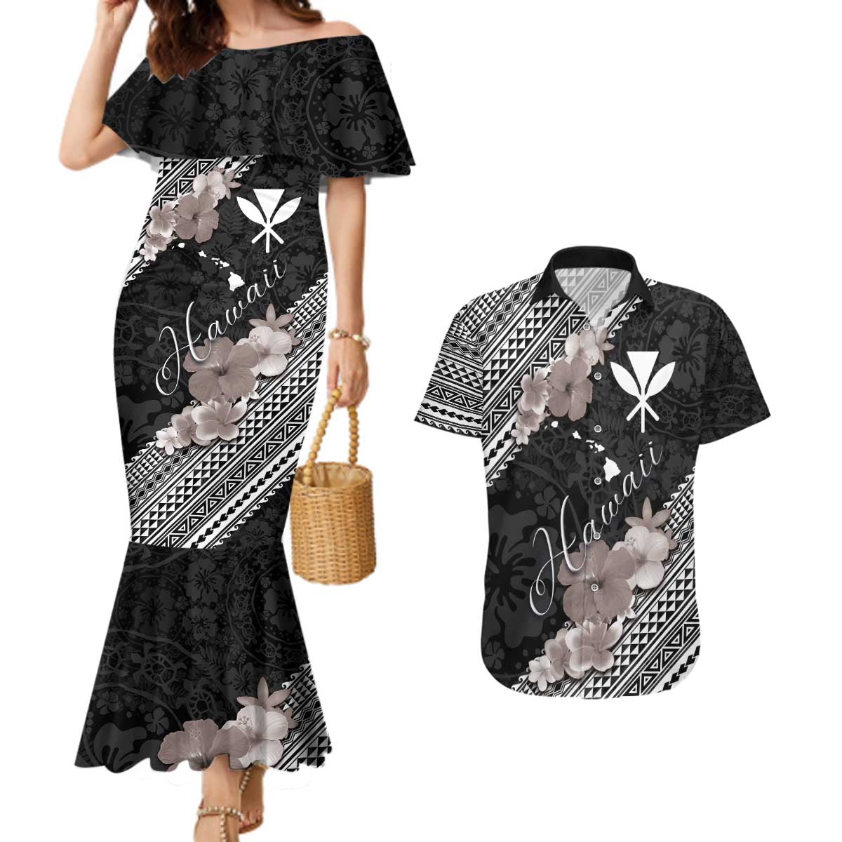 Aloha Hawaii Hibiscus and Plumeria Flowers Couples Matching Mermaid Dress and Hawaiian Shirt Kanaka Maoli Tattoo Polynesian Pattern Gray Color LT03 Black - Polynesian Pride