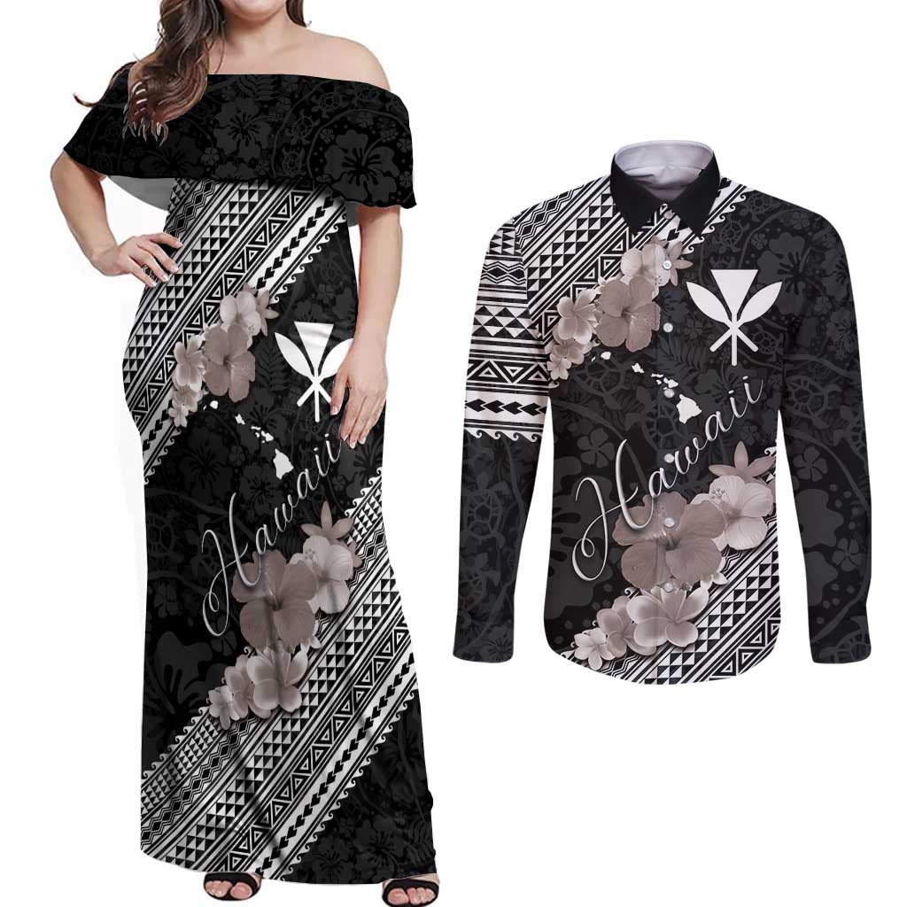 Aloha Hawaii Hibiscus and Plumeria Flowers Couples Matching Off Shoulder Maxi Dress and Long Sleeve Button Shirt Kanaka Maoli Tattoo Polynesian Pattern Gray Color
