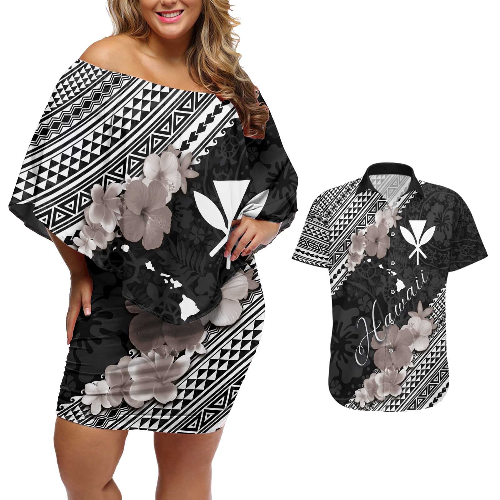 Aloha Hawaii Hibiscus and Plumeria Flowers Couples Matching Off Shoulder Short Dress and Hawaiian Shirt Kanaka Maoli Tattoo Polynesian Pattern Gray Color LT03 Black - Polynesian Pride