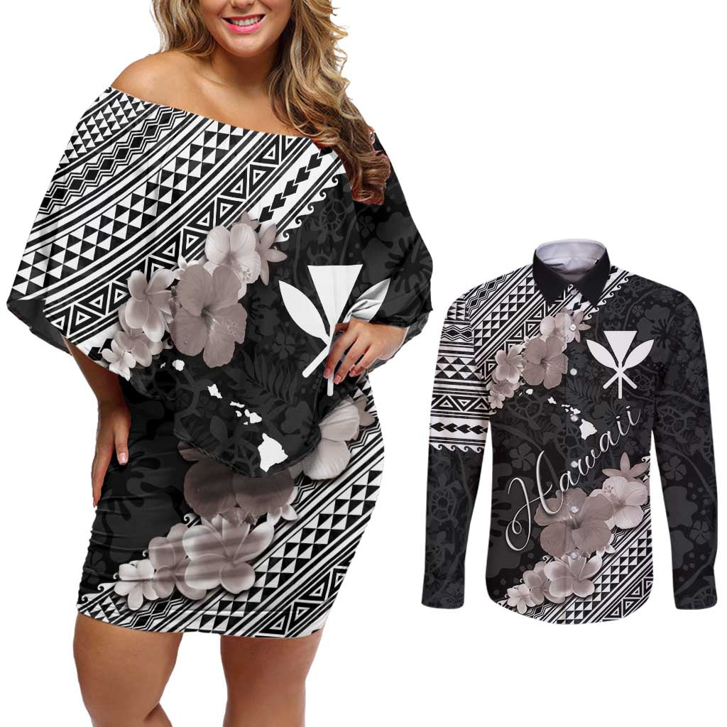 Aloha Hawaii Hibiscus and Plumeria Flowers Couples Matching Off Shoulder Short Dress and Long Sleeve Button Shirt Kanaka Maoli Tattoo Polynesian Pattern Gray Color LT03 Black - Polynesian Pride
