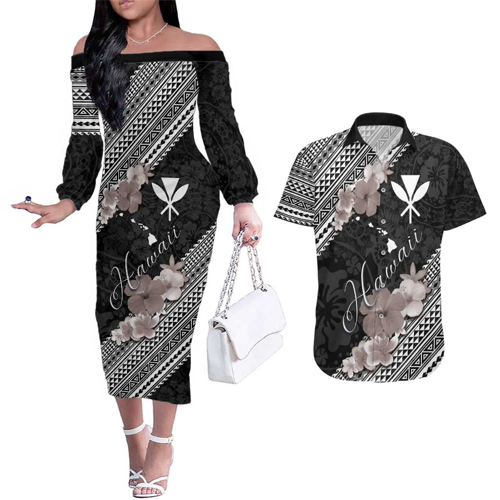 Aloha Hawaii Hibiscus and Plumeria Flowers Couples Matching Off The Shoulder Long Sleeve Dress and Hawaiian Shirt Kanaka Maoli Tattoo Polynesian Pattern Gray Color LT03 Black - Polynesian Pride