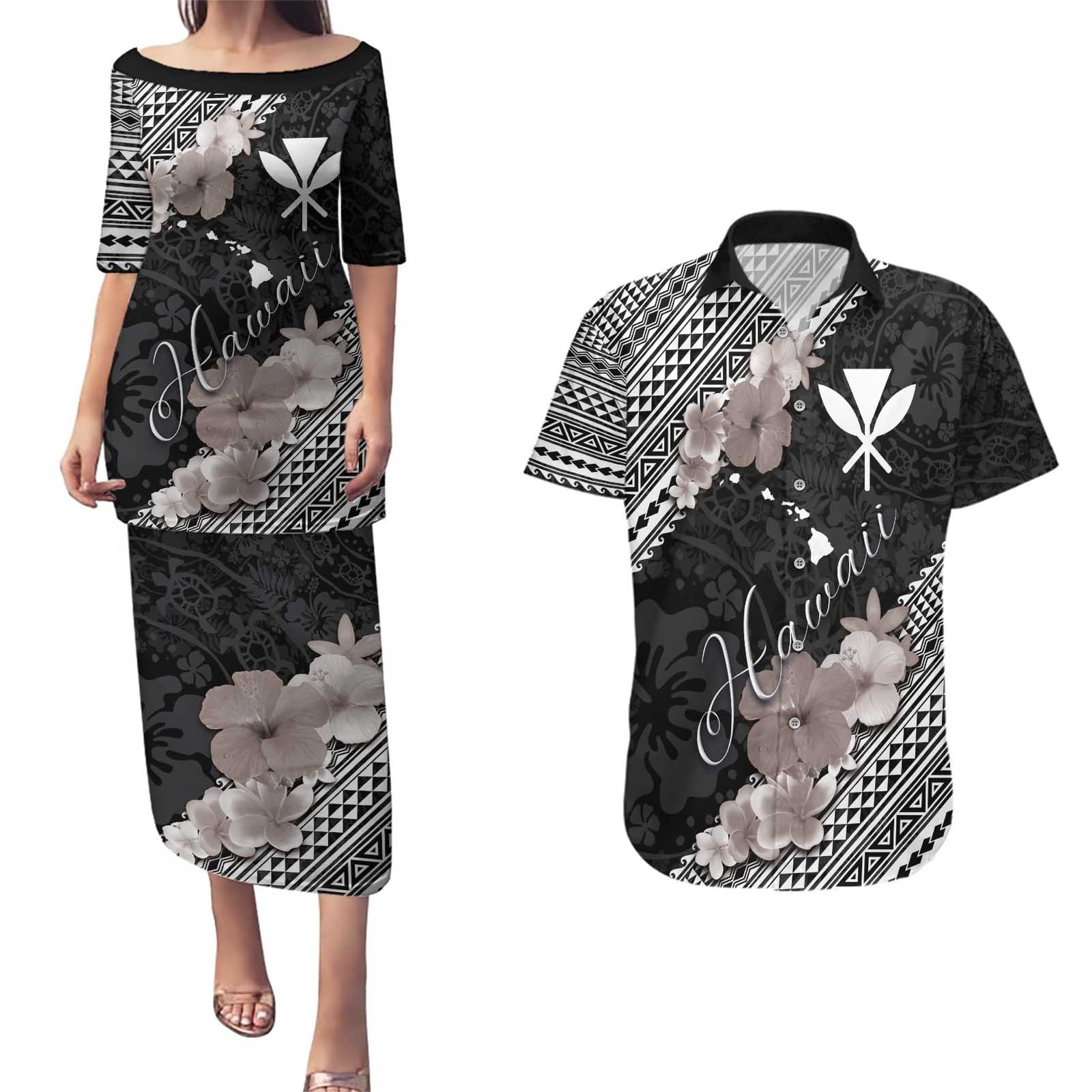 Aloha Hawaii Hibiscus and Plumeria Flowers Couples Matching Puletasi and Hawaiian Shirt Kanaka Maoli Tattoo Polynesian Pattern Gray Color LT03 Black - Polynesian Pride