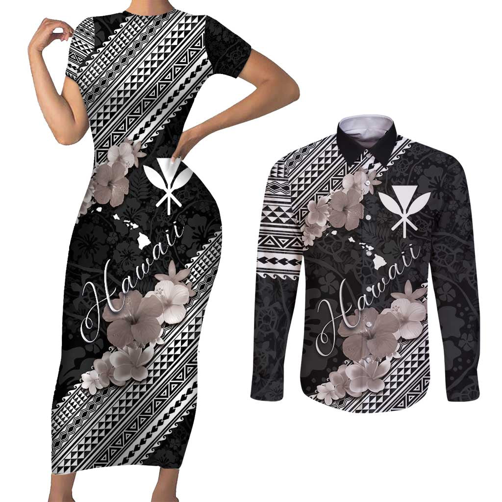 Aloha Hawaii Hibiscus and Plumeria Flowers Couples Matching Short Sleeve Bodycon Dress and Long Sleeve Button Shirt Kanaka Maoli Tattoo Polynesian Pattern Gray Color LT03 Black - Polynesian Pride