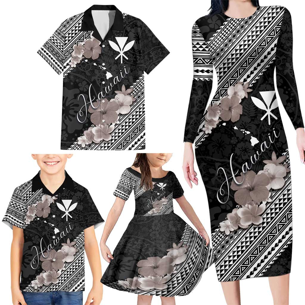 Aloha Hawaii Hibiscus and Plumeria Flowers Family Matching Long Sleeve Bodycon Dress and Hawaiian Shirt Kanaka Maoli Tattoo Polynesian Pattern Gray Color LT03 - Polynesian Pride