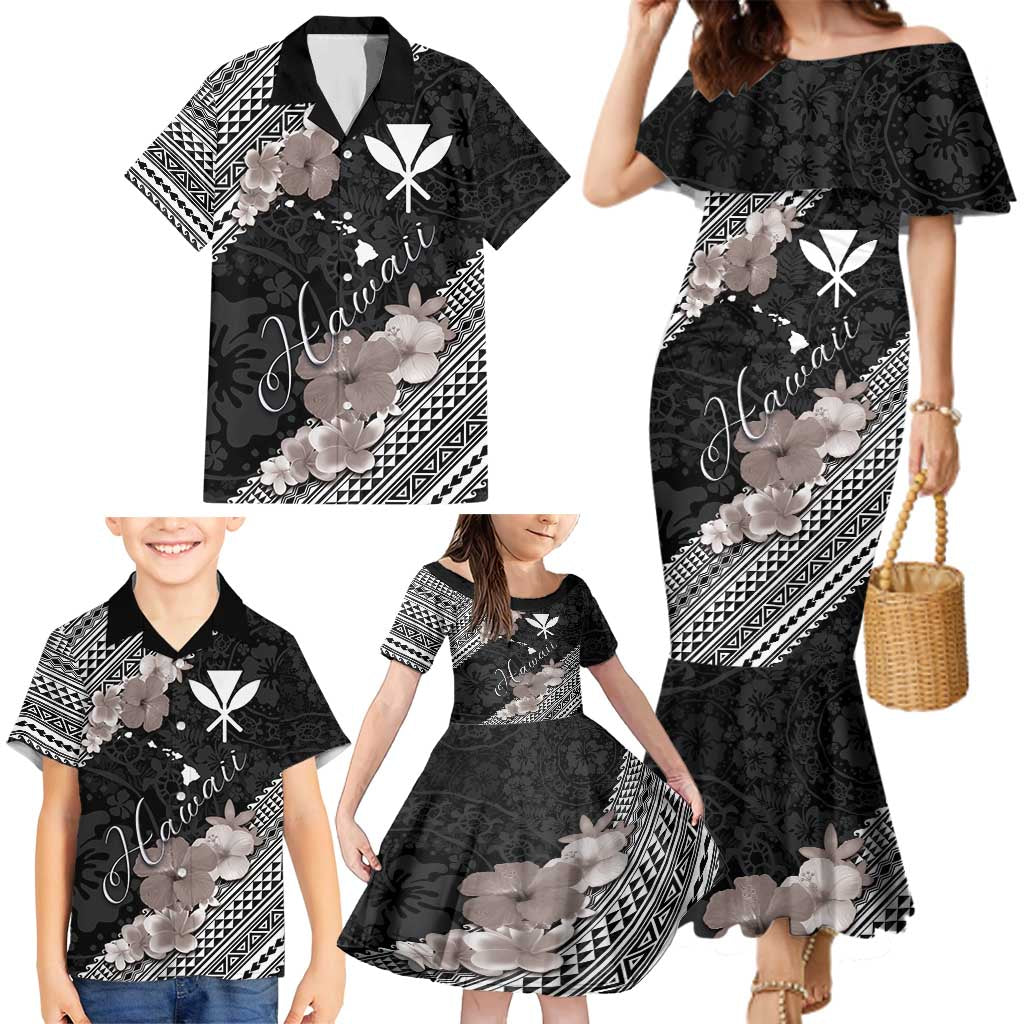Aloha Hawaii Hibiscus and Plumeria Flowers Family Matching Mermaid Dress and Hawaiian Shirt Kanaka Maoli Tattoo Polynesian Pattern Gray Color LT03 - Polynesian Pride