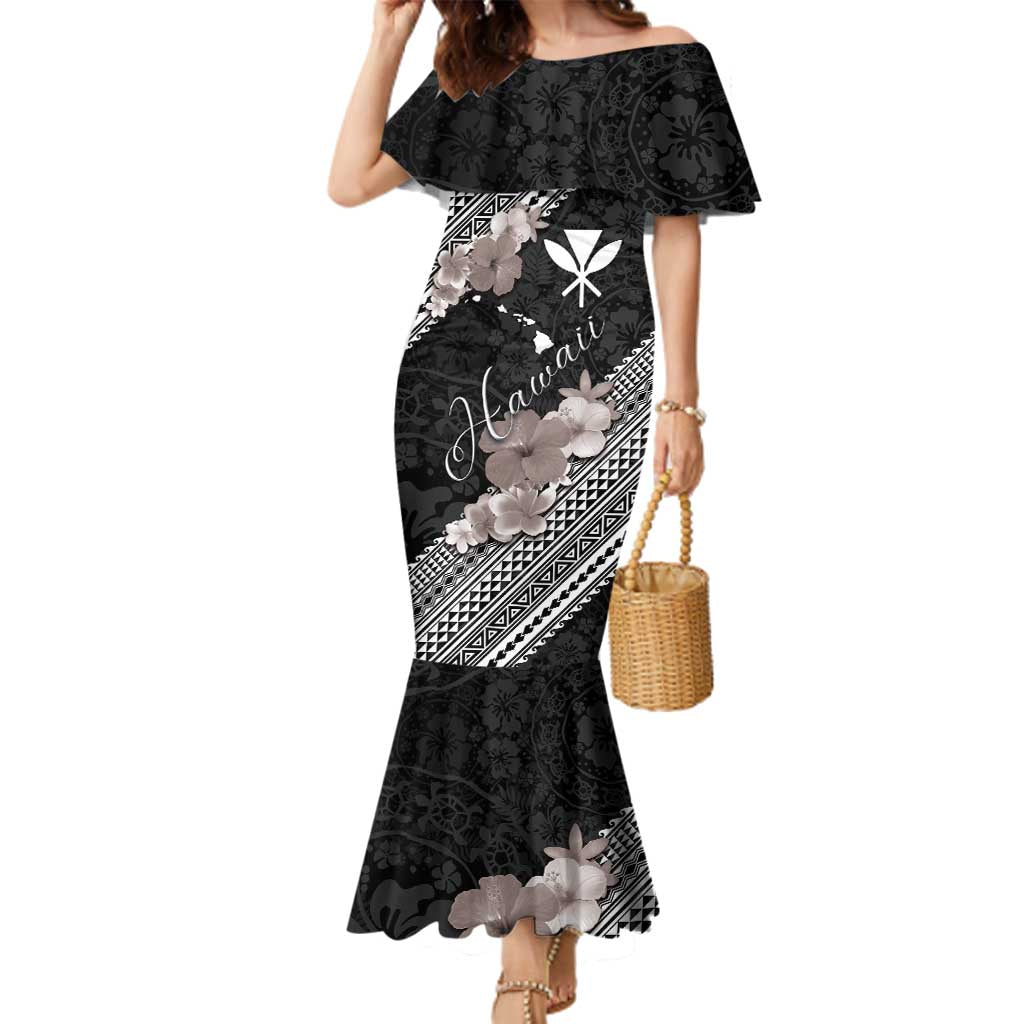 Aloha Hawaii Hibiscus and Plumeria Flowers Family Matching Mermaid Dress and Hawaiian Shirt Kanaka Maoli Tattoo Polynesian Pattern Gray Color