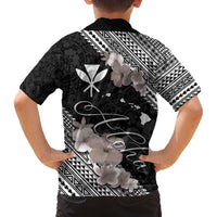 Aloha Hawaii Hibiscus and Plumeria Flowers Family Matching Off The Shoulder Long Sleeve Dress and Hawaiian Shirt Kanaka Maoli Tattoo Polynesian Pattern Gray Color