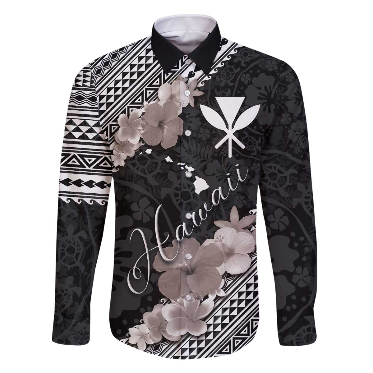 Aloha Hawaii Hibiscus and Plumeria Flowers Family Matching Off The Shoulder Long Sleeve Dress and Hawaiian Shirt Kanaka Maoli Tattoo Polynesian Pattern Gray Color