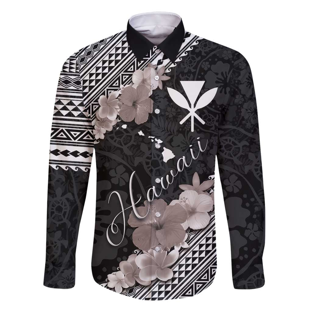 Aloha Hawaii Hibiscus and Plumeria Flowers Family Matching Off Shoulder Maxi Dress and Hawaiian Shirt Kanaka Maoli Tattoo Polynesian Pattern Gray Color