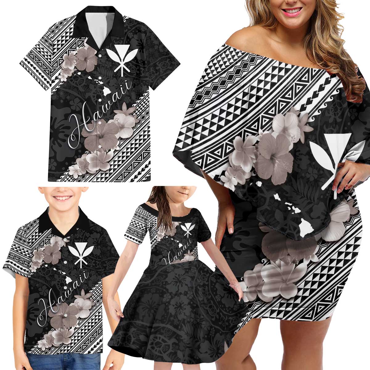 Aloha Hawaii Hibiscus and Plumeria Flowers Family Matching Off Shoulder Short Dress and Hawaiian Shirt Kanaka Maoli Tattoo Polynesian Pattern Gray Color LT03 - Polynesian Pride