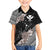 Aloha Hawaii Hibiscus and Plumeria Flowers Family Matching Off Shoulder Short Dress and Hawaiian Shirt Kanaka Maoli Tattoo Polynesian Pattern Gray Color