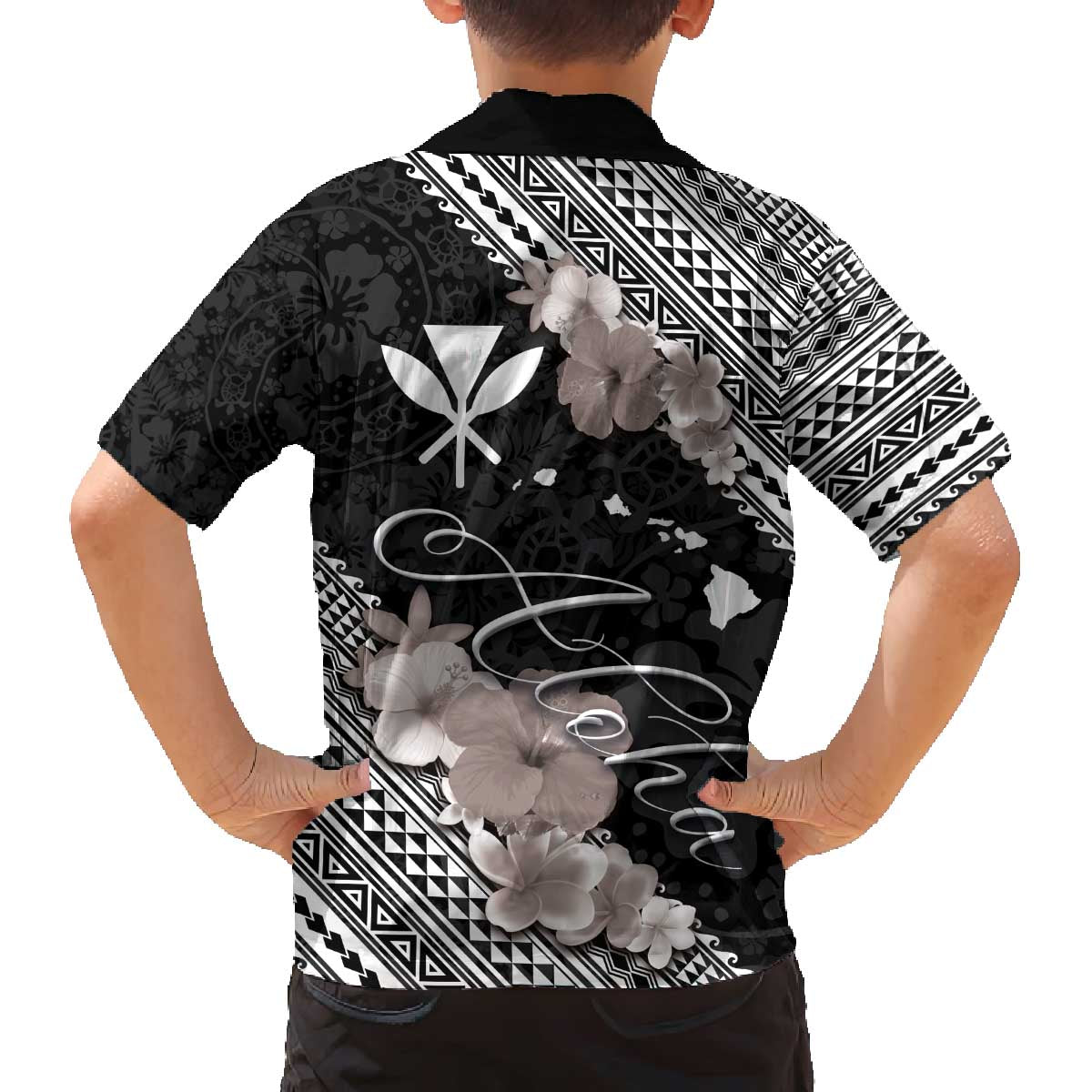 Aloha Hawaii Hibiscus and Plumeria Flowers Family Matching Puletasi and Hawaiian Shirt Kanaka Maoli Tattoo Polynesian Pattern Gray Color