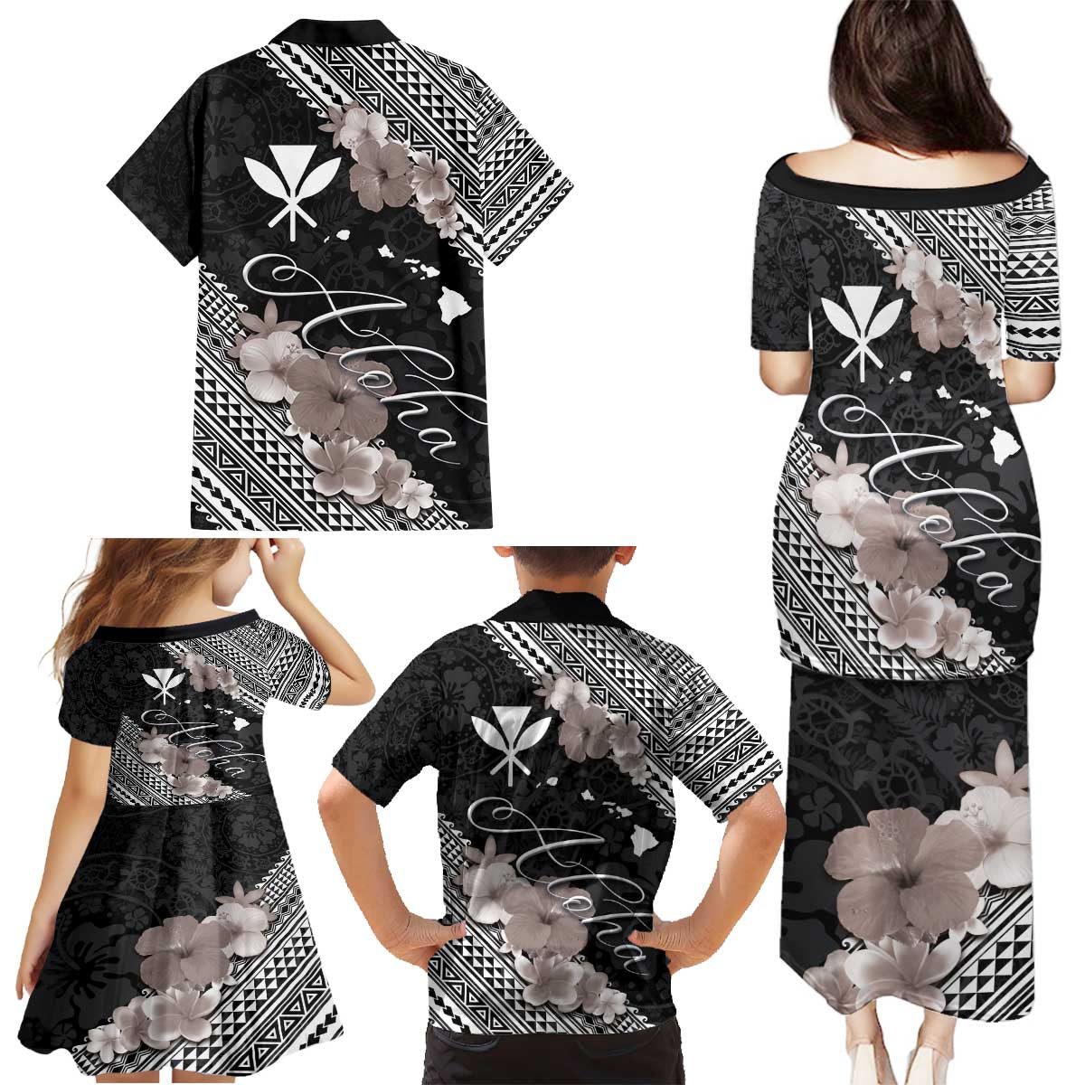 Aloha Hawaii Hibiscus and Plumeria Flowers Family Matching Puletasi and Hawaiian Shirt Kanaka Maoli Tattoo Polynesian Pattern Gray Color
