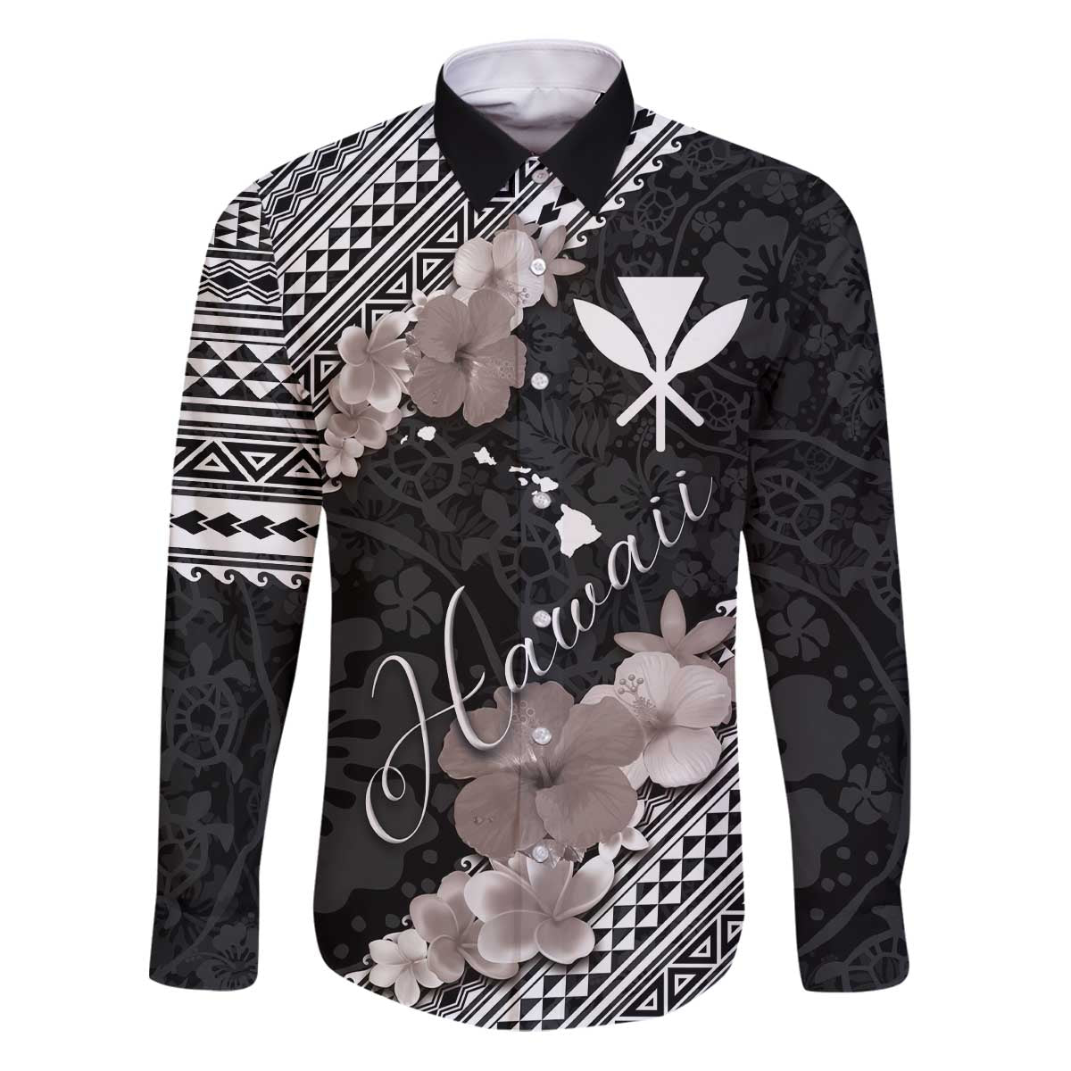 Aloha Hawaii Hibiscus and Plumeria Flowers Family Matching Puletasi and Hawaiian Shirt Kanaka Maoli Tattoo Polynesian Pattern Gray Color