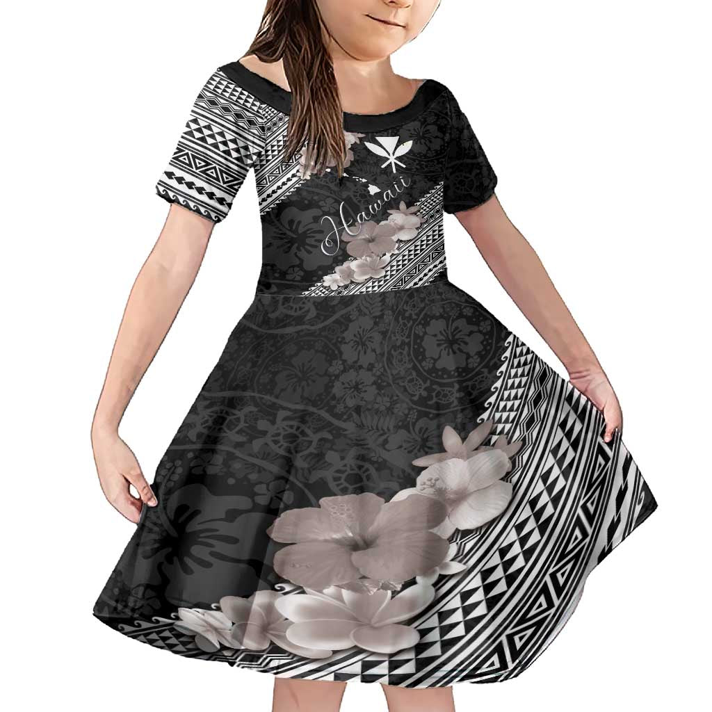 Aloha Hawaii Hibiscus and Plumeria Flowers Family Matching Short Sleeve Bodycon Dress and Hawaiian Shirt Kanaka Maoli Tattoo Polynesian Pattern Gray Color