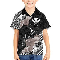 Aloha Hawaii Hibiscus and Plumeria Flowers Family Matching Short Sleeve Bodycon Dress and Hawaiian Shirt Kanaka Maoli Tattoo Polynesian Pattern Gray Color