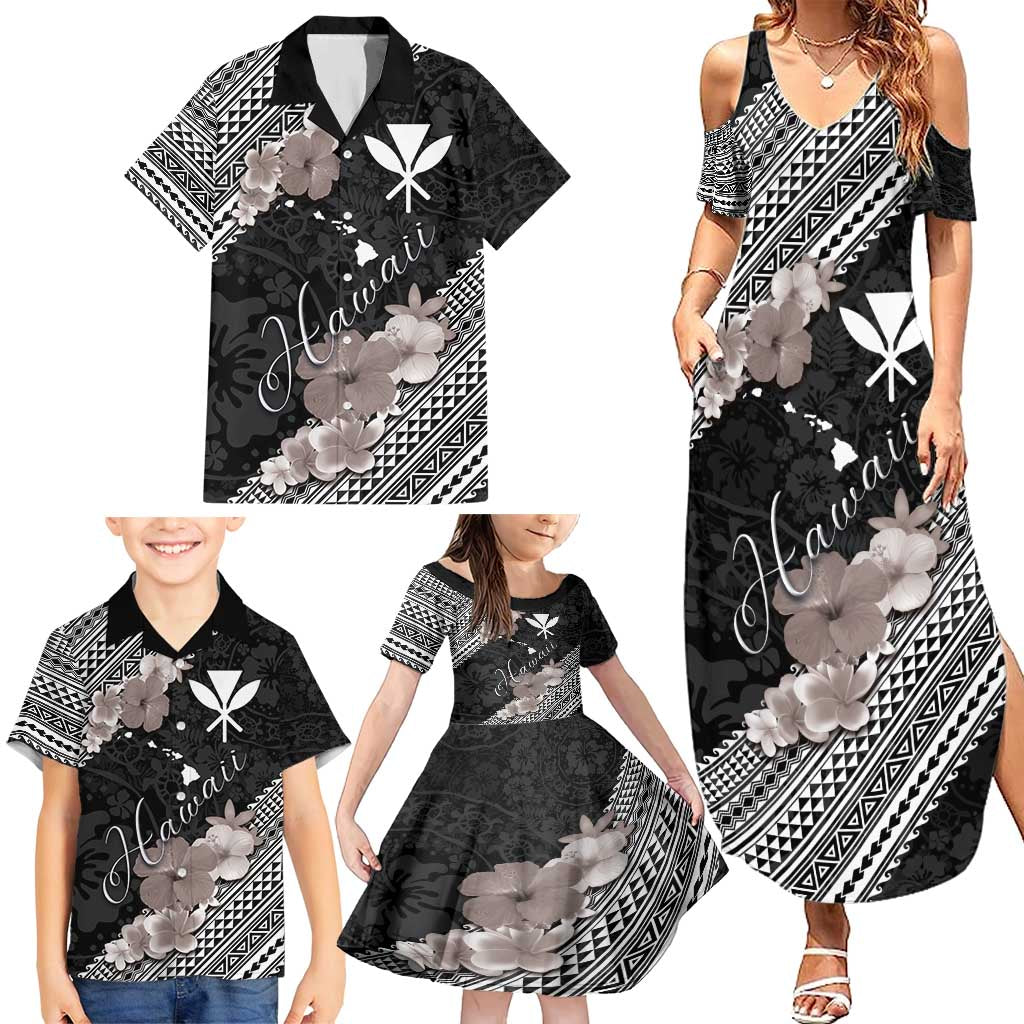 Aloha Hawaii Hibiscus and Plumeria Flowers Family Matching Summer Maxi Dress and Hawaiian Shirt Kanaka Maoli Tattoo Polynesian Pattern Gray Color LT03 - Polynesian Pride