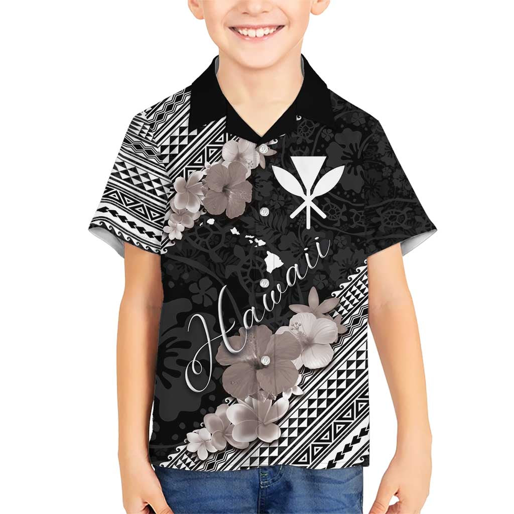 Aloha Hawaii Hibiscus and Plumeria Flowers Kid Hawaiian Shirt Kanaka Maoli Tattoo Polynesian Pattern Gray Color