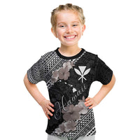Aloha Hawaii Hibiscus and Plumeria Flowers Kid T Shirt Kanaka Maoli Tattoo Polynesian Pattern Gray Color