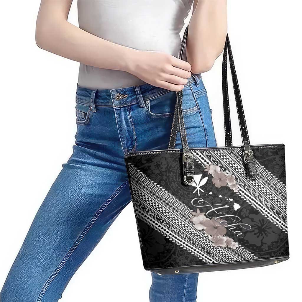 Aloha Hawaii Hibiscus and Plumeria Flowers Leather Tote Bag Kanaka Maoli Tattoo Polynesian Pattern Gray Color