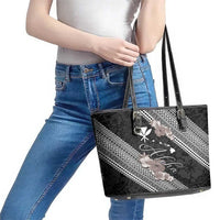 Aloha Hawaii Hibiscus and Plumeria Flowers Leather Tote Bag Kanaka Maoli Tattoo Polynesian Pattern Gray Color
