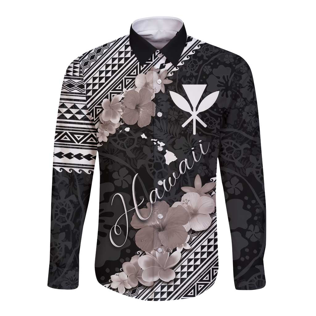 Aloha Hawaii Hibiscus and Plumeria Flowers Long Sleeve Button Shirt Kanaka Maoli Tattoo Polynesian Pattern Gray Color LT03 Unisex Black - Polynesian Pride