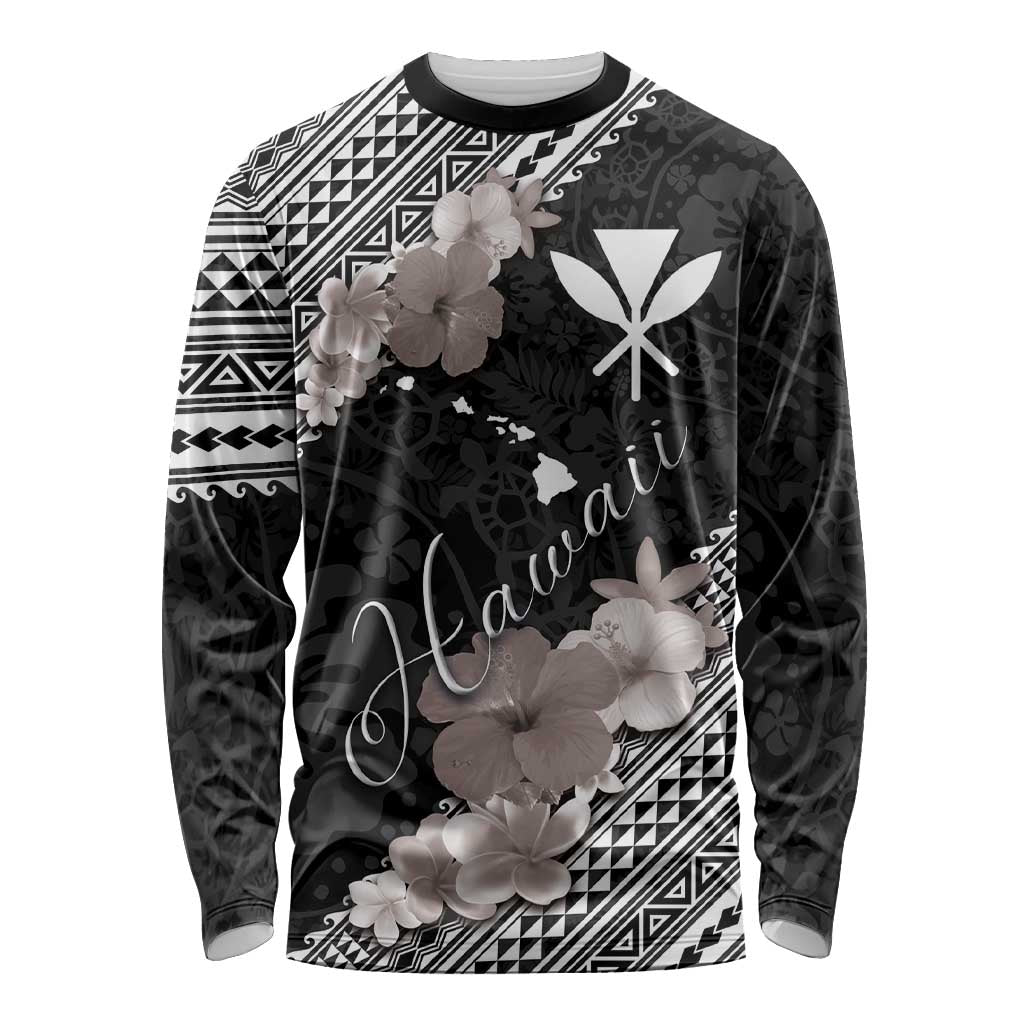 Aloha Hawaii Hibiscus and Plumeria Flowers Long Sleeve Shirt Kanaka Maoli Tattoo Polynesian Pattern Gray Color LT03 Unisex Black - Polynesian Pride