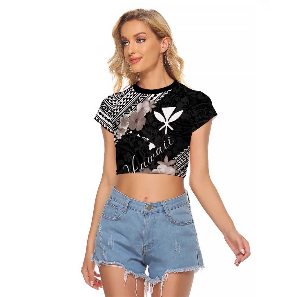 Aloha Hawaii Hibiscus and Plumeria Flowers Raglan Cropped T Shirt Kanaka Maoli Tattoo Polynesian Pattern Gray Color LT03 Female Black - Polynesian Pride
