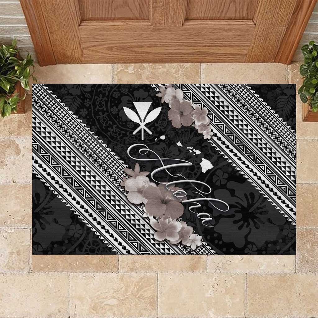 Aloha Hawaii Hibiscus and Plumeria Flowers Rubber Doormat Kanaka Maoli Tattoo Polynesian Pattern Gray Color
