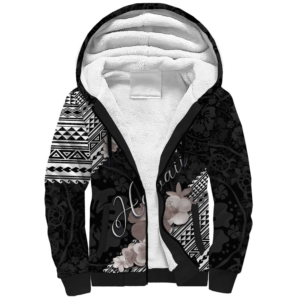 Aloha Hawaii Hibiscus and Plumeria Flowers Sherpa Hoodie Kanaka Maoli Tattoo Polynesian Pattern Gray Color LT03 Unisex Black - Polynesian Pride