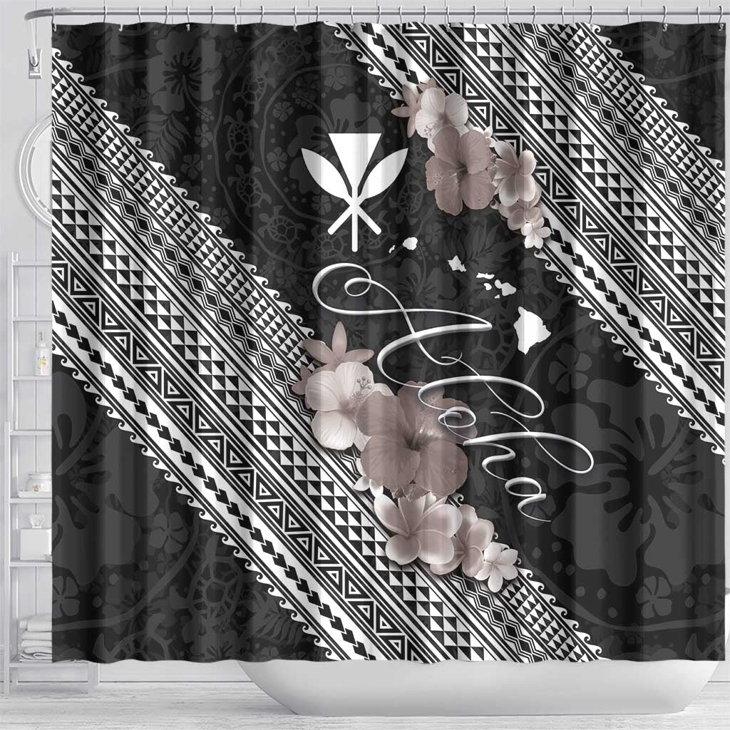 Aloha Hawaii Hibiscus and Plumeria Flowers Shower Curtain Kanaka Maoli Tattoo Polynesian Pattern Gray Color
