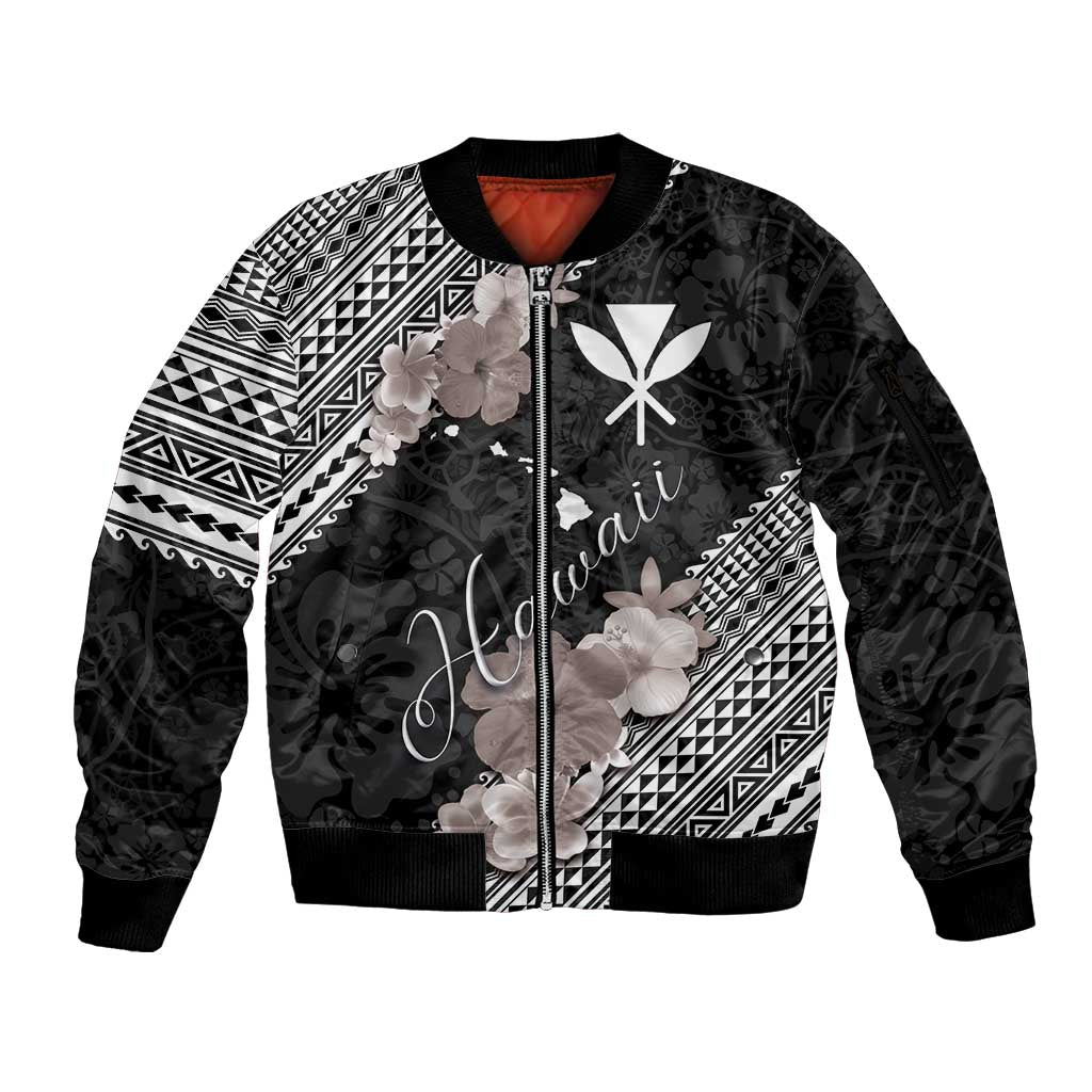 Aloha Hawaii Hibiscus and Plumeria Flowers Sleeve Zip Bomber Jacket Kanaka Maoli Tattoo Polynesian Pattern Gray Color LT03 Unisex Black - Polynesian Pride