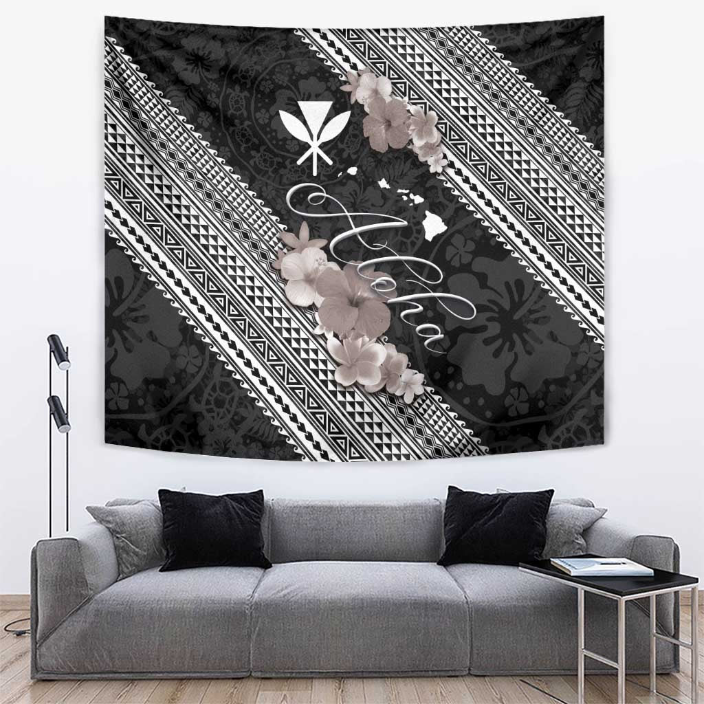 Aloha Hawaii Hibiscus and Plumeria Flowers Tapestry Kanaka Maoli Tattoo Polynesian Pattern Gray Color LT03 Black - Polynesian Pride