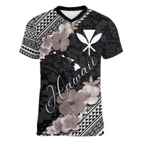 Aloha Hawaii Hibiscus and Plumeria Flowers Women V-Neck T-Shirt Kanaka Maoli Tattoo Polynesian Pattern Gray Color
