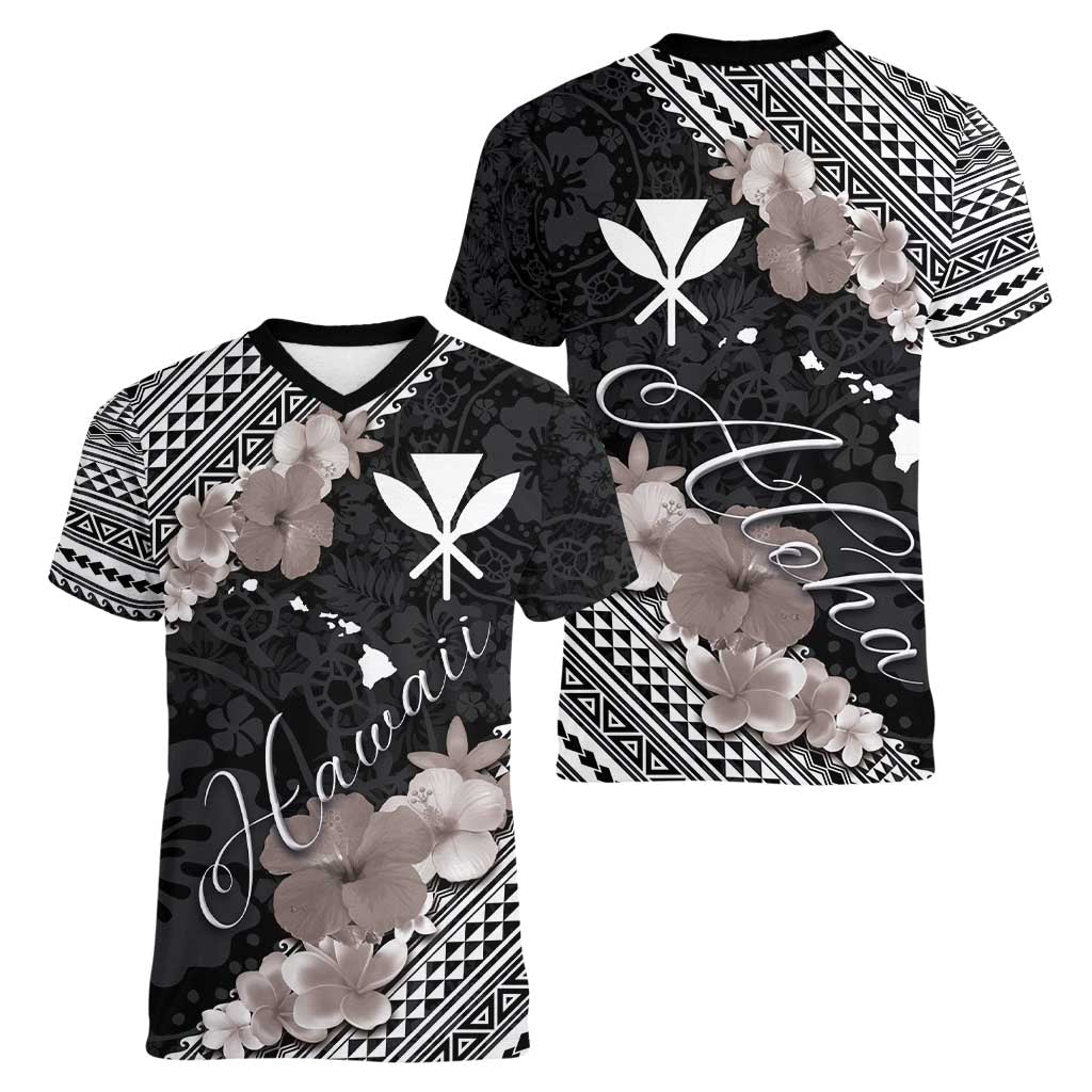 Aloha Hawaii Hibiscus and Plumeria Flowers Women V-Neck T-Shirt Kanaka Maoli Tattoo Polynesian Pattern Gray Color