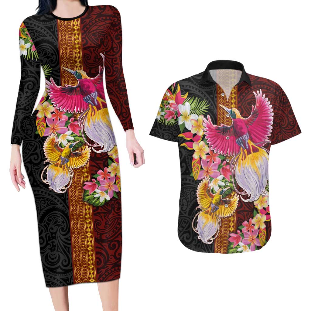 Papua New Guinea Birds and Frangipani Couples Matching Long Sleeve Bodycon Dress and Hawaiian Shirt Melanesian Art Tattoos - Polynesian Pride