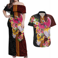 Papua New Guinea Birds and Frangipani Couples Matching Off Shoulder Maxi Dress and Hawaiian Shirt Melanesian Art Tattoos - Polynesian Pride