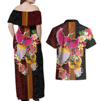 Papua New Guinea Birds and Frangipani Couples Matching Off Shoulder Maxi Dress and Hawaiian Shirt Melanesian Art Tattoos - Polynesian Pride