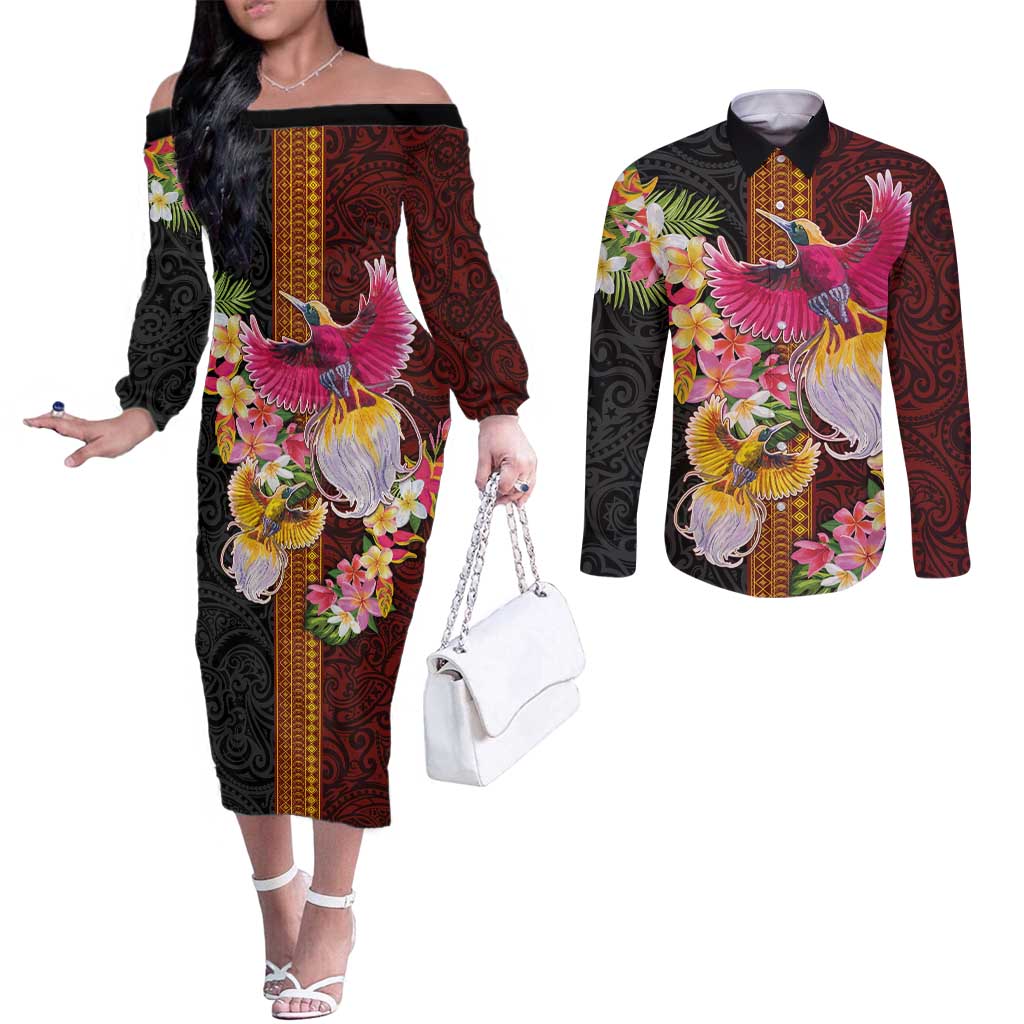 Papua New Guinea Birds and Frangipani Couples Matching Off The Shoulder Long Sleeve Dress and Long Sleeve Button Shirt Melanesian Art Tattoos - Polynesian Pride