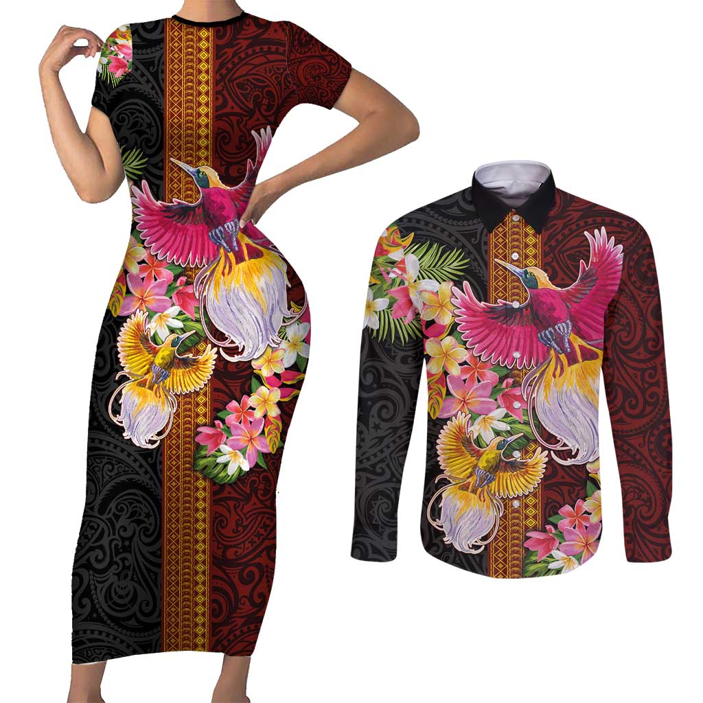 Papua New Guinea Birds and Frangipani Couples Matching Short Sleeve Bodycon Dress and Long Sleeve Button Shirt Melanesian Art Tattoos - Polynesian Pride