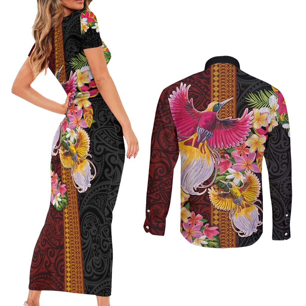 Papua New Guinea Birds and Frangipani Couples Matching Short Sleeve Bodycon Dress and Long Sleeve Button Shirt Melanesian Art Tattoos - Polynesian Pride