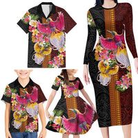 Papua New Guinea Birds and Frangipani Family Matching Long Sleeve Bodycon Dress and Hawaiian Shirt Melanesian Art Tattoos - Polynesian Pride
